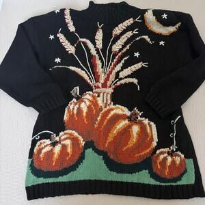 Vintage Halloween Pumpkin Harvest Embroidered Sweater L Grandma RARE Premimum